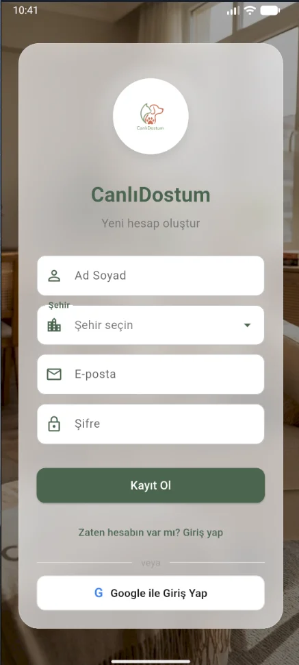 CanlıDostum kayıt ekranı